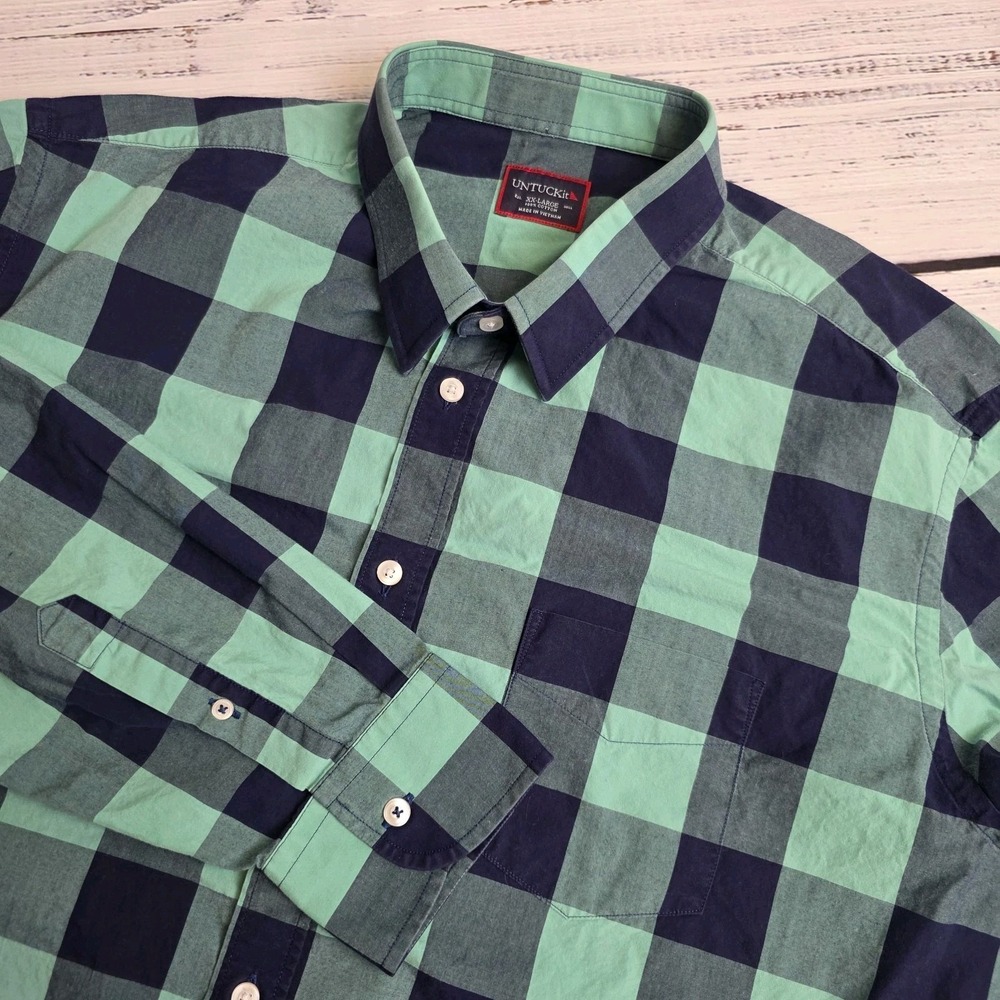 Untuckit Shirt Mens XXL Blue Green Buffalo Plaid Cotton Long Sleeve Bonarda